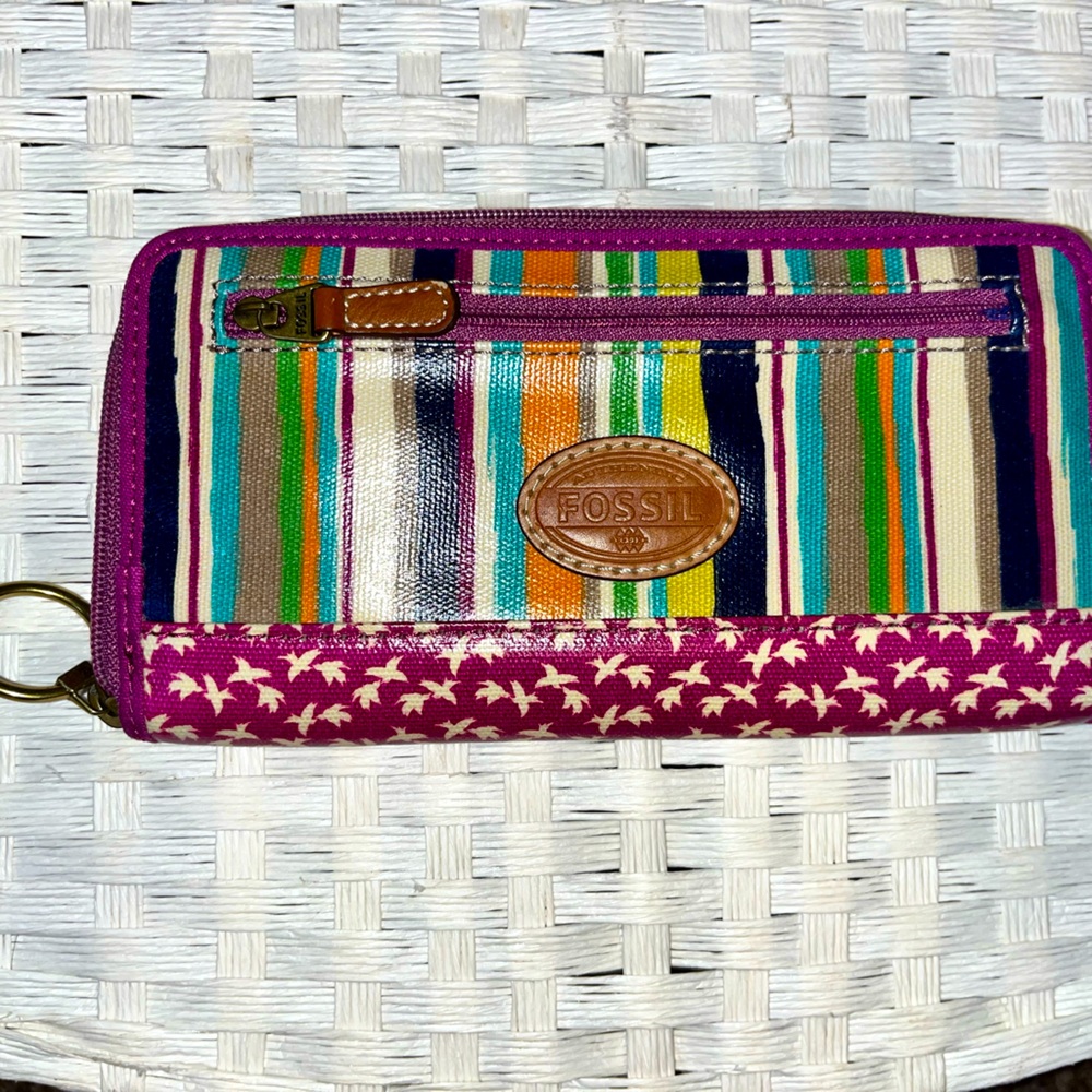 Fossil Wallet Keyper Zip Wallet Coated Canvas Women Bright Stripe